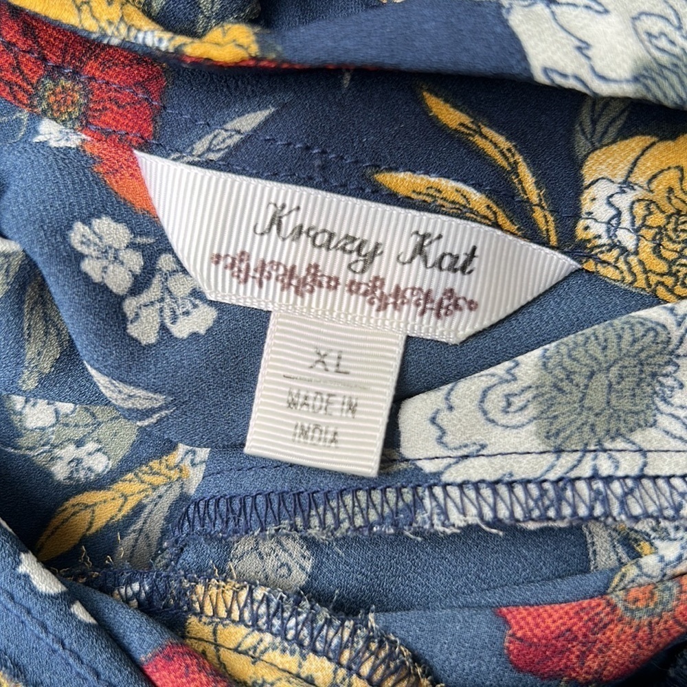 Krazy Kat Top Shirt Blouse Blue Floral Bell Sleeves Size XL - Picture 3 of 3